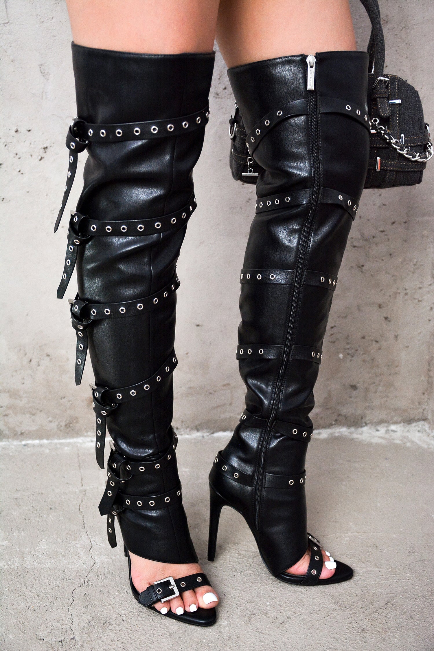 Cape Robbin Revena Open Toe Belt Detail Thigh High Boots