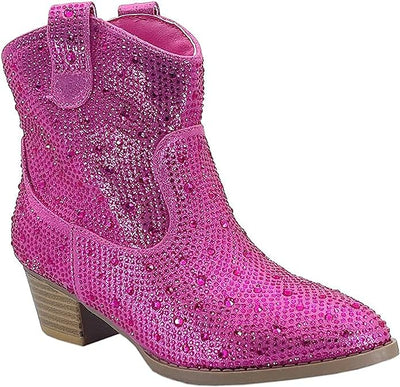 Forever River-01K Girls Rhinestone Cowboy Boots Kids Low Heel Dress Booties