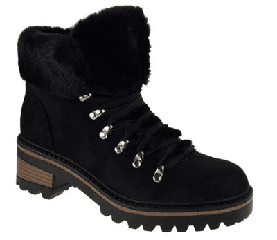 Womens Lace Up Platform Fur Lined Ankle Hiking Boots - Black