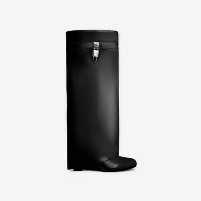 Black Padlock Detail Wedge Heel Knee High Long Boot Leather