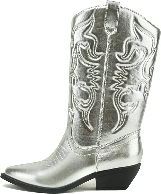 Soda Women Cowgirl Cowboy Western Stitched Ankle Boots Pointed Toe Short  Booties RIGGING-S Silver Metallic 7.5 