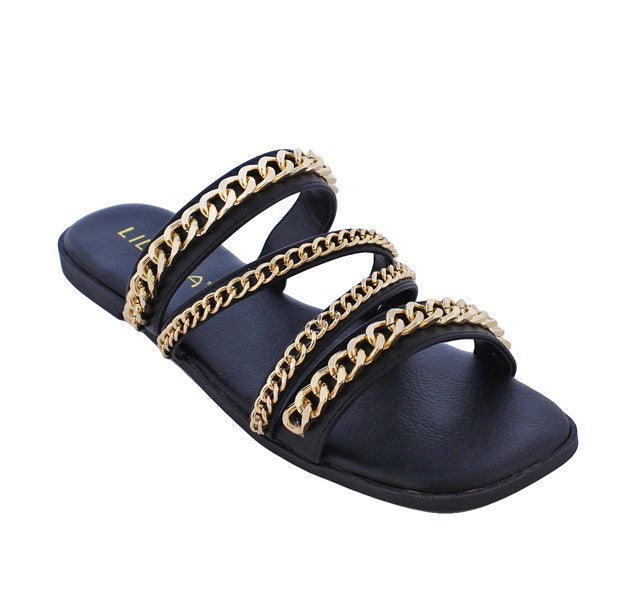 Black Chain Detail Flat Sandals | Shoe Time