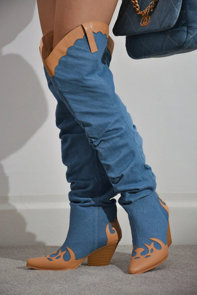 Denim Cape Robbin Jeans Western Low Block Heel Boots