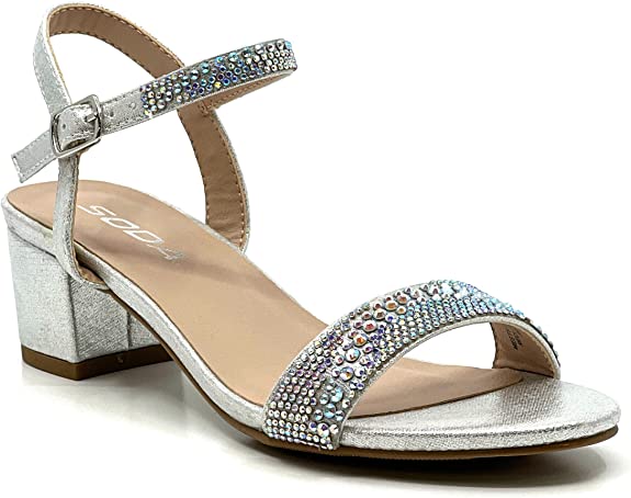 Soda Kids Glaze Rhinestone Block Heel Sandals Shoe Time