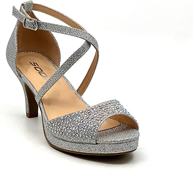 amazon silver dress sandals Amazon.com | YooPrettyz Women Silver Round Toe Sandal Wedge Heels Glittered Straps Crystals Dressy Party Wedding Bridal Shoes Silver 6