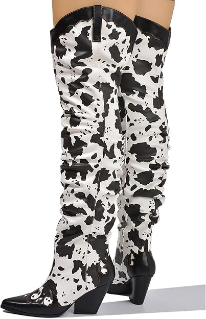 Cape Robbin Women's Western Thigh High Cowboy Boots - Chunky Block Heel Over-The-Knee Boots (White, Size 8.5)