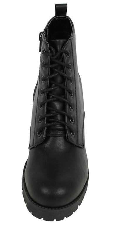 Faux Leather Lace Up Chunky Heel Combat Boots in Black