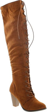 Women's Chunky Heel Lace Up Over The Knee Brown High Riding Boots Camila-47