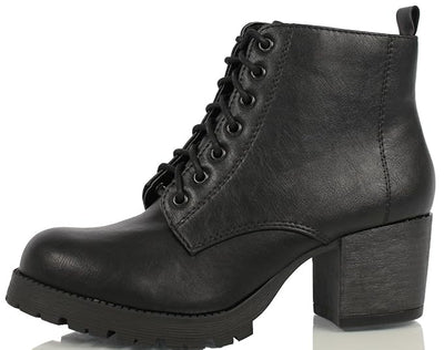 Faux Leather Lace Up Chunky Heel Combat Boots in Black