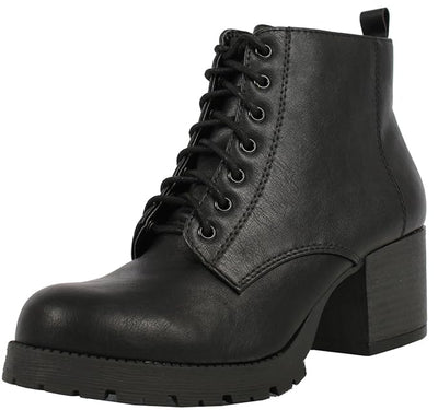 Faux Leather Lace Up Chunky Heel Combat Boots in Black