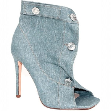 Women's Denim Button Up High Heel Open Toe Denim Pocket Booties