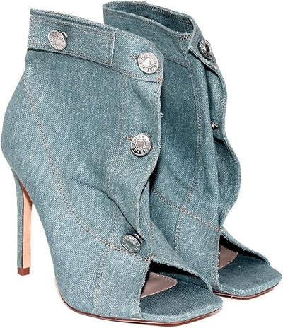 Women's Denim Button Up High Heel Open Toe Denim Pocket Booties