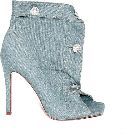 Women's Denim Button Up High Heel Open Toe Denim Pocket Booties