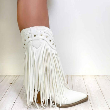 Western Fringe Studded Mid-Calf Cowboy Boots – Pointed Toe, Block Heel