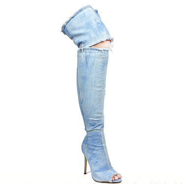 Liliana Barbara-13 Thigh High Over Knee Denim Open Toe Stiletto Heel Boot