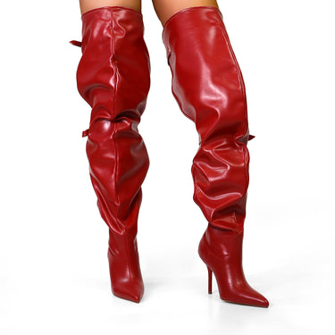 Thigh-High Slouchy Stiletto Boots with Adjustable Buckle Accents