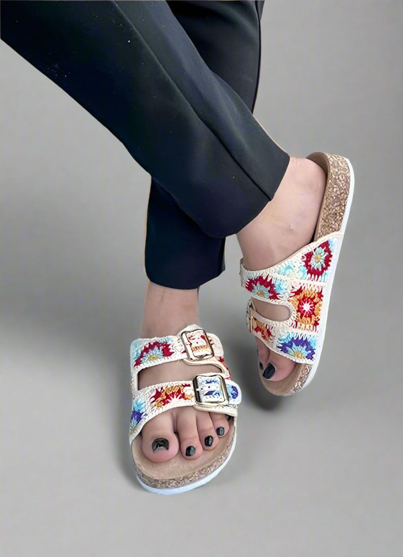 Double Buckle Floral Cork Flat Sandals