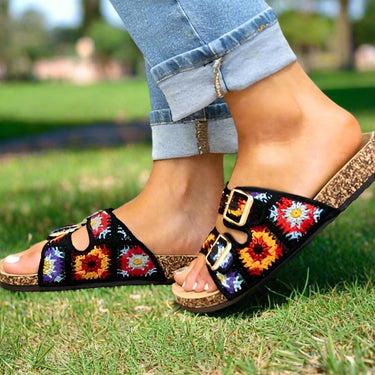 Double Buckle Floral Cork Flat Sandals