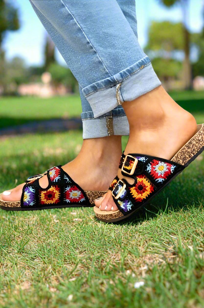 Double Buckle Floral Cork Flat Sandals