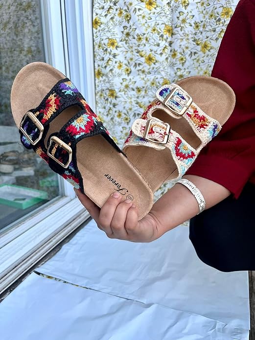 Double Buckle Floral Cork Flat Sandals