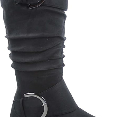 Women's Slouched Mid Calf Round Toe Buckle Flat Boots Banks