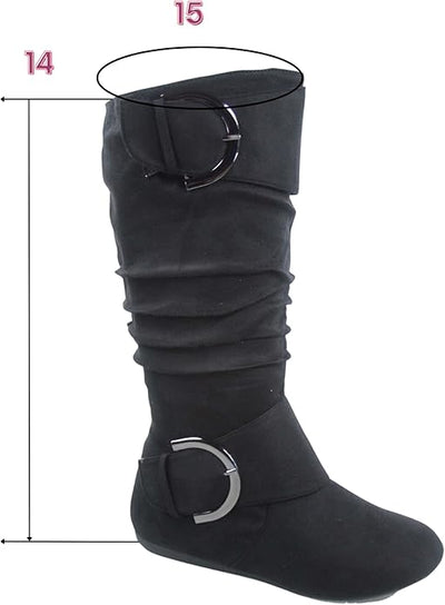 Women's Slouched Mid Calf Round Toe Buckle Flat Boots Banks