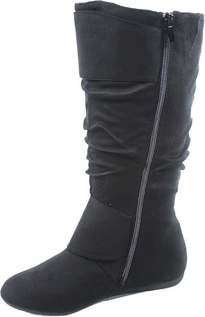 Women's Slouched Mid Calf Round Toe Buckle Flat Boots Banks