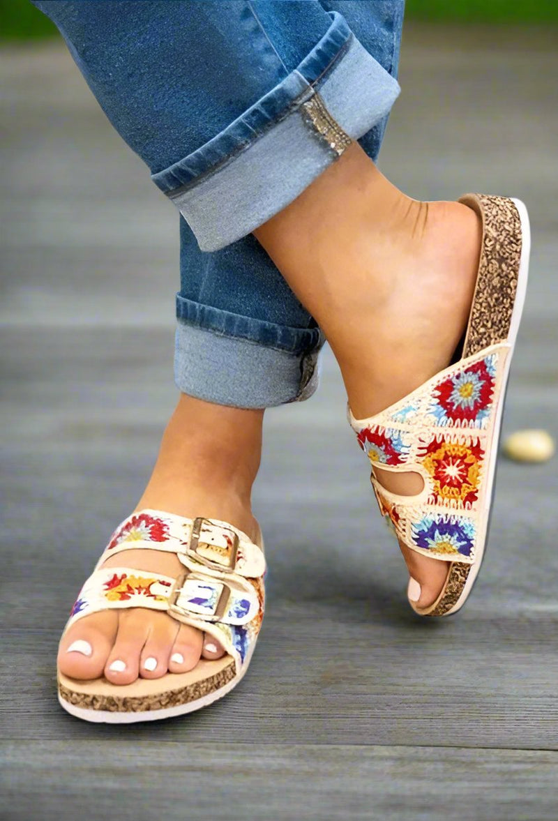 Double Buckle Floral Cork Flat Sandals