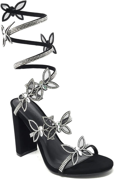 Butterfly Wrap Metallic Around Rhinestone Strap Chunky heel Sandals