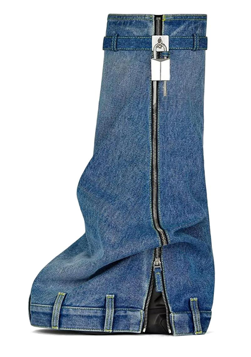 Fold Over Denim Padlock Platform Boots Smarty Pants