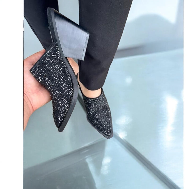 Women Pointed Toe Rhinestone Slip on Mules Chunky Heel Sandals