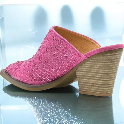 Women Pointed Toe Rhinestone Slip on Mules Chunky Heel Sandals