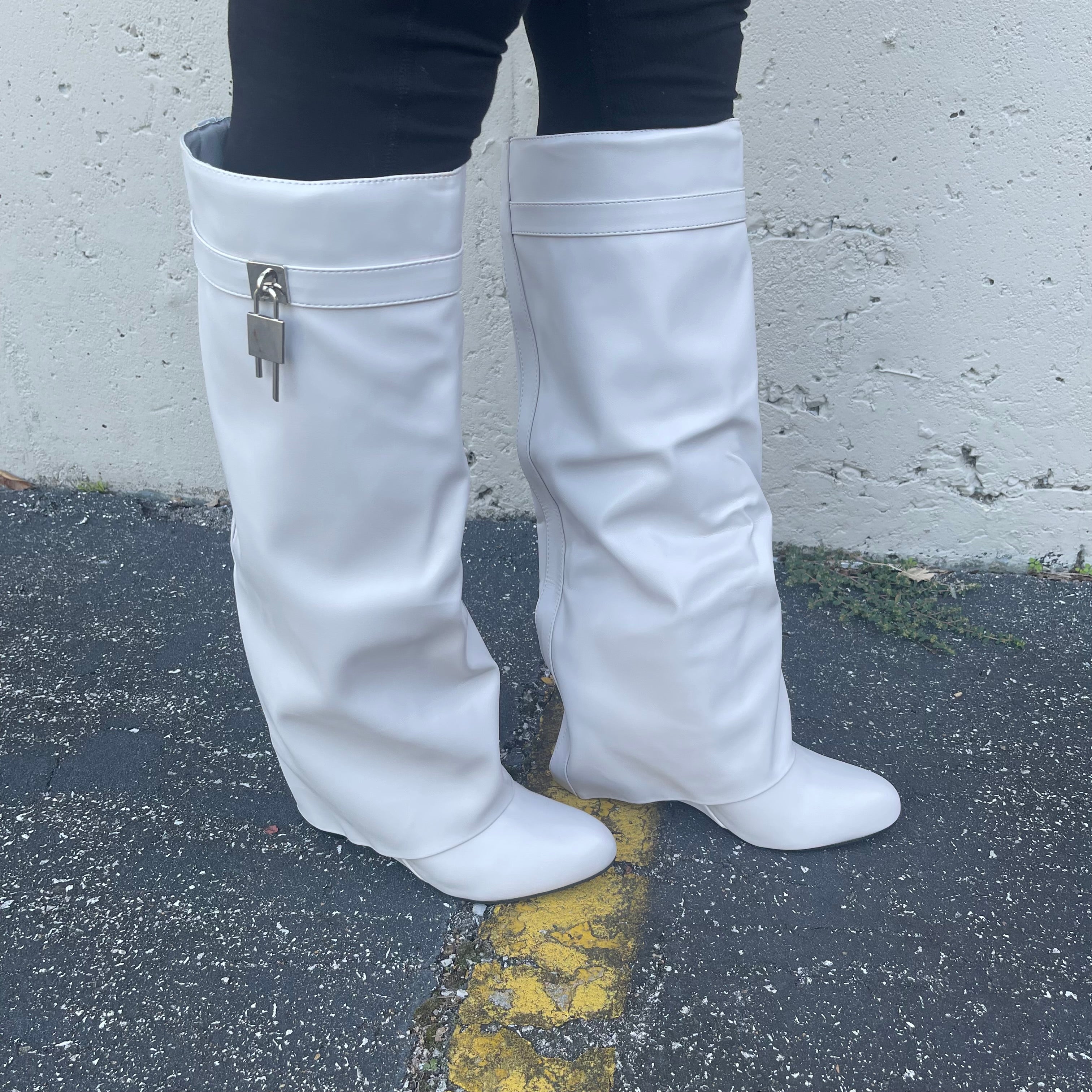 Padlock Detail Wedge Knee High Long Boot Leather SHOE TIME padlock-detail-wedge-knee-high-long-boot-leather-shoe-time