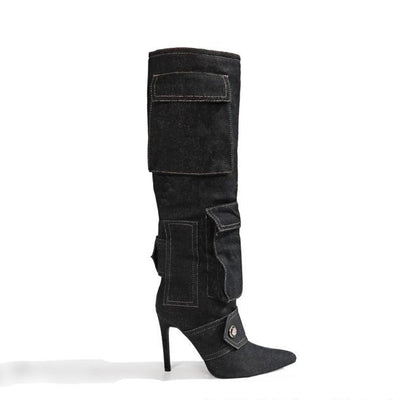 Pointed Toe Knee High Pocket Detail Boots