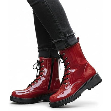 Women’s Patent Lace-Up Combat Boot with Chunky Sole and Side Zipper