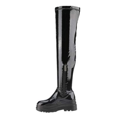 Women's Thigh High Boots Patent Leather, Over The Knee High Boots Round Toe Platform