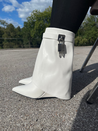 Women's Fold Over Boots Mid Calf Wedge Boots Padlock Boots – SHOE TIME