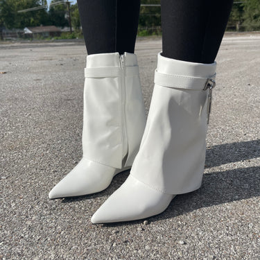 Women's Fold Over Boots Mid Calf Wedge Boots Padlock Boots – SHOE TIME