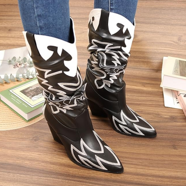 Western Slouch Cowboy Boots for Women – Pointed Toe Embroidered Pull-On Mid Calf Boots with Chunky Heel