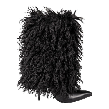 Women Faux Fur Pointed Toe Stiletto Heel Mid-Calf Pull On Short Ankle