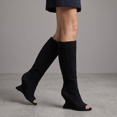 Women's Open Toe Knee High Wedge Boots Tall Slouchy Shaft Summer Fashion Boots