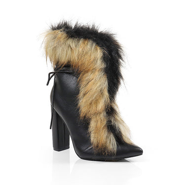 Wide Calf Fuzzy Furry Lace Up Chunky Heel Ankle Boots