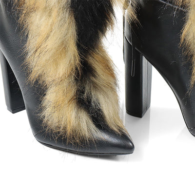 Wide Calf Fuzzy Furry Lace Up Chunky Heel Ankle Boots