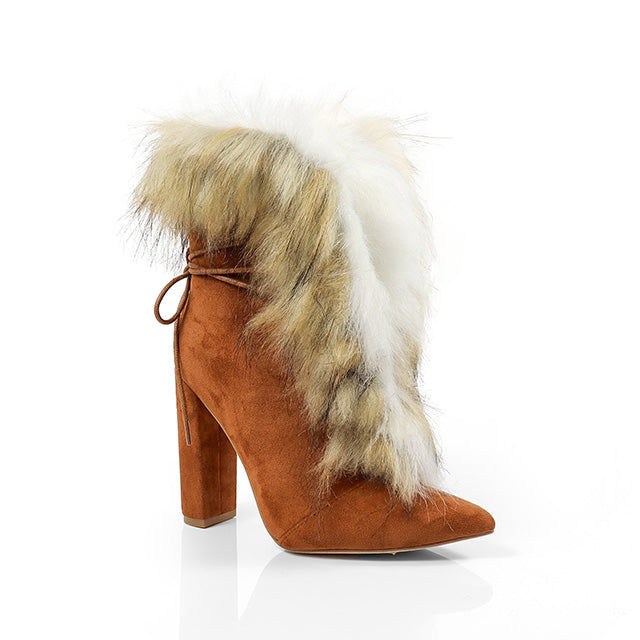 Wide Calf Fuzzy Furry Lace Up Chunky Heel Ankle Boots