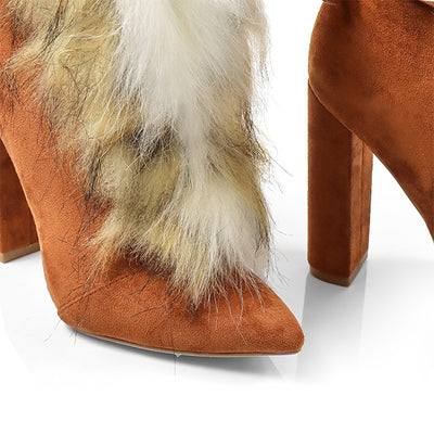 Wide Calf Fuzzy Furry Lace Up Chunky Heel Ankle Boots