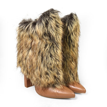 Women’s Pointed Toe Block Heel Boots with Luxe Faux Fur Detail – Trendy Winter Statement Shoes