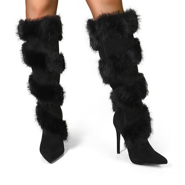 Women’s Pointed Toe Knee-High Stiletto Boots with Faux Fur Trim – Winter Fashion & Halloween Party Shoes