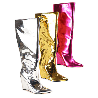 Knee High Metallic Wedge Boots Frenza