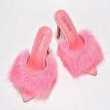 Cape Robbin Fuji Fur Open Peep Toe Stiletto Pointy Toe Stiletto Mule Sandal Heels | Shoe Time