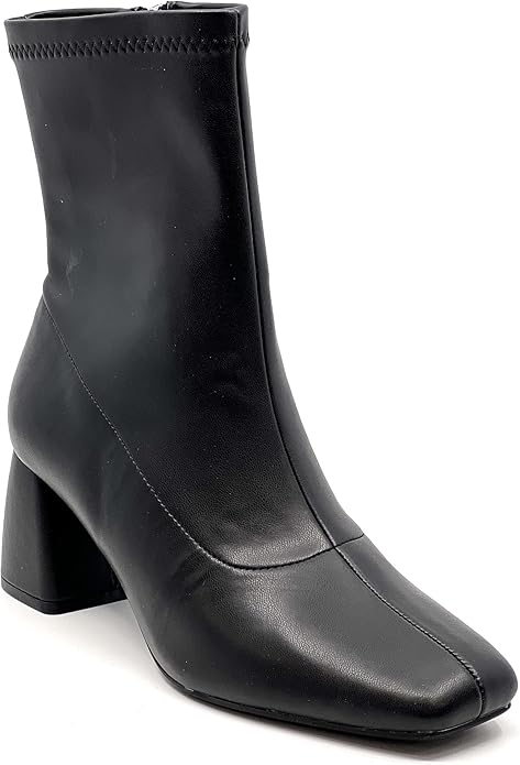 Square Toe Mid Calf Booties, Chunky Block Heel Side Zipper Ankle Boots